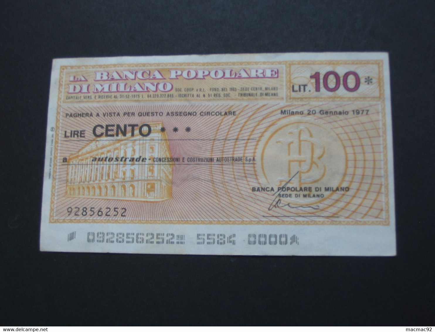 ITALIE - 100 Cento Lire - La Banca Popolare Di Milano  **** EN ACHAT IMMEDIAT **** - Autres & Non Classés