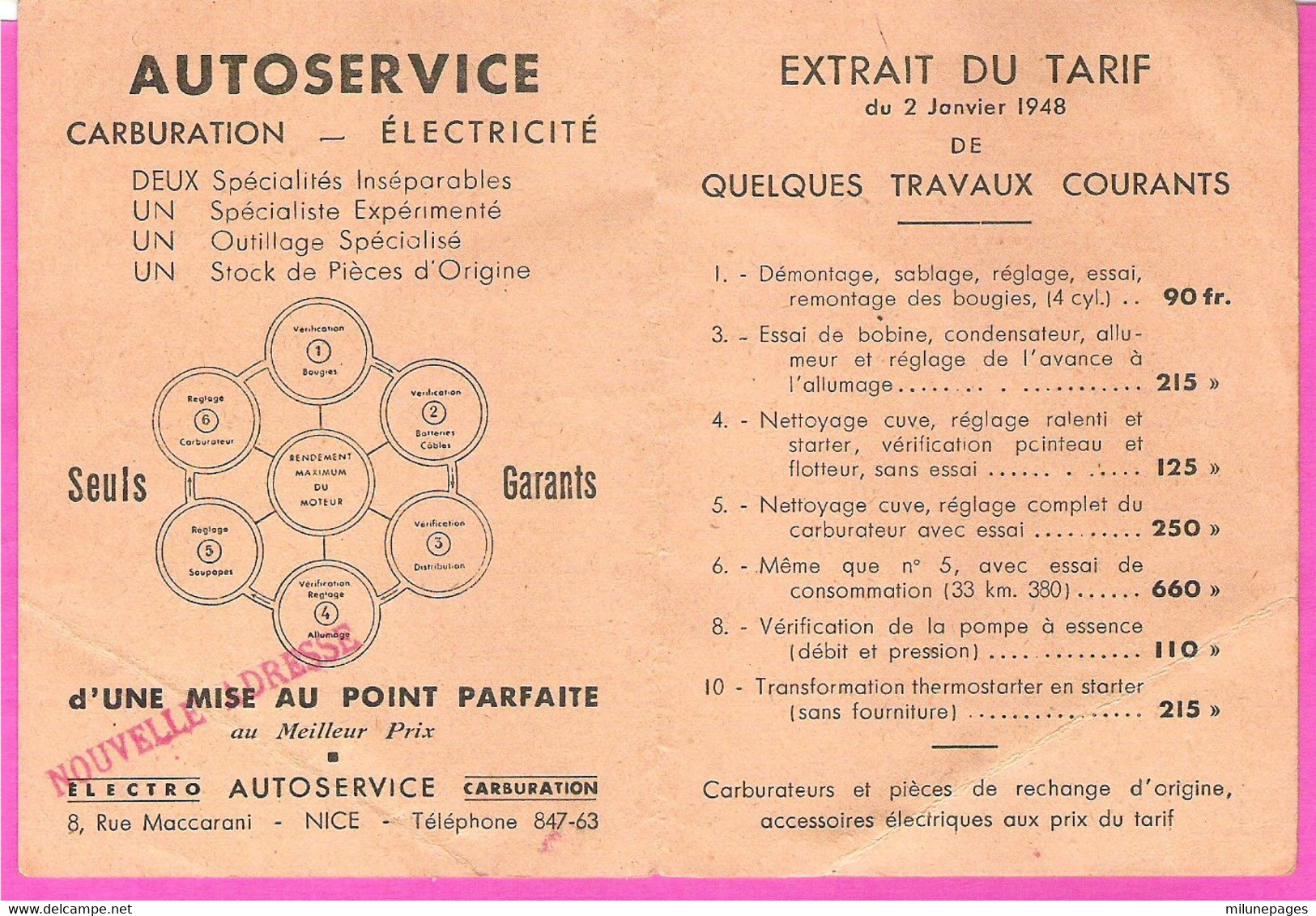 Carte Publicitaire 2 Volets AutoService Carburation Rue Maccarani à NICE L'Essence Est Chère Ne La Gaspillez Pas 1948 - Cars