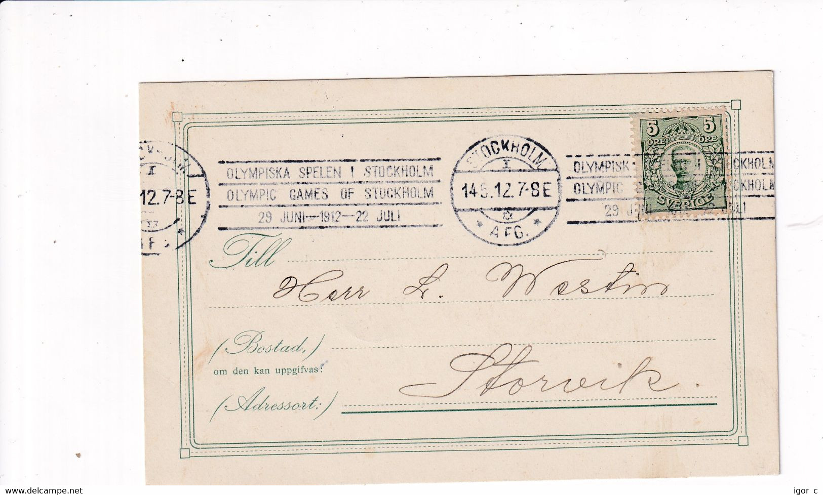 Sweden 1912 Card; Olympic Games Stockholm; Fencing Qualifying Date; Endelss Roller Cancellation RARE - Ete 1912: Stockholm