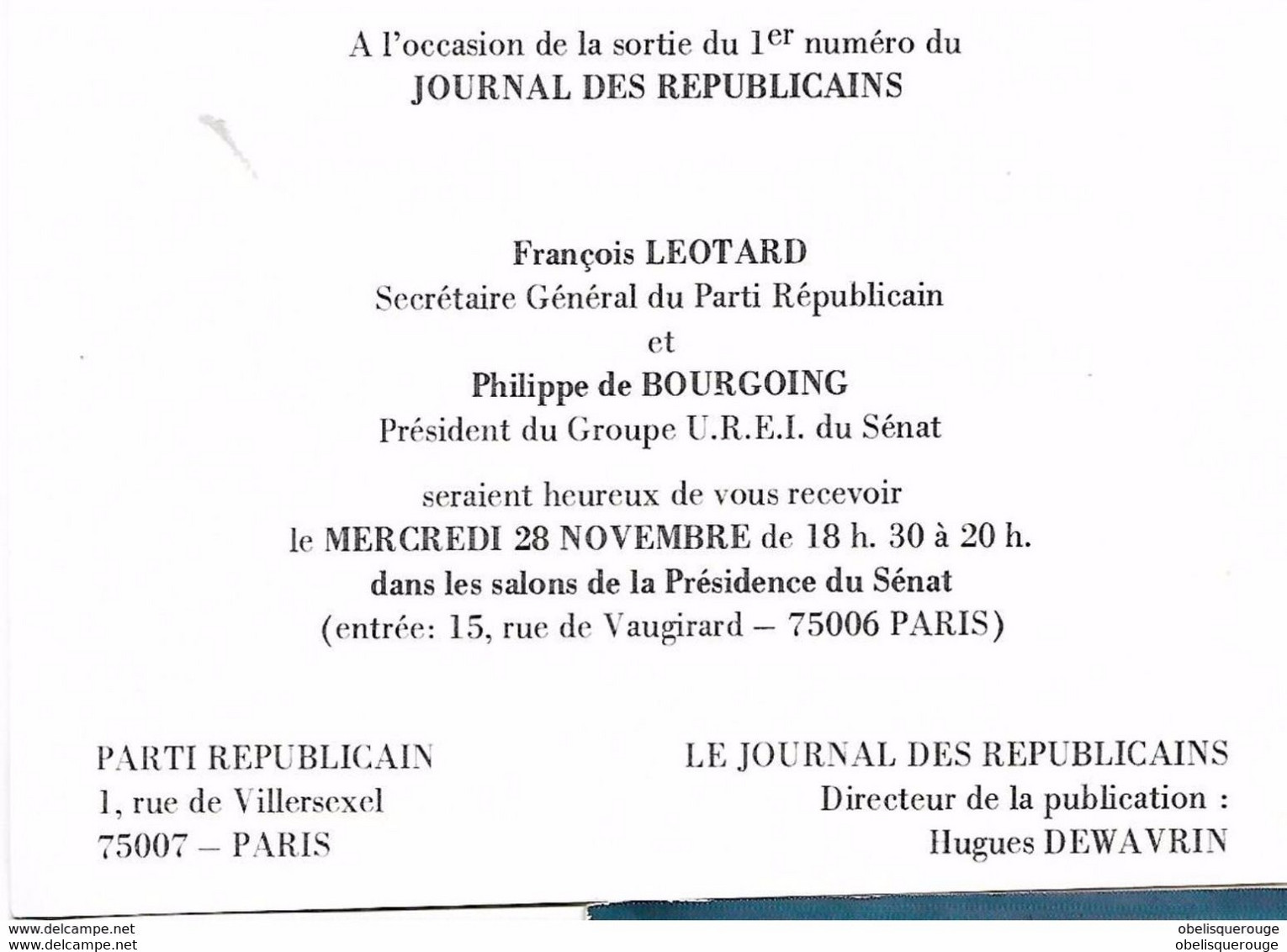 CARTON INVITATION FRANCOIS LEOTARD SG PARTI REPUBLICAIN RECOIT - Réceptions