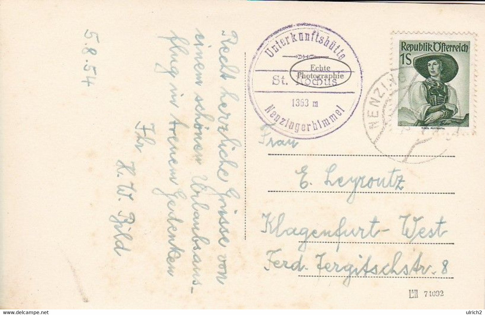 AK Nenzinger Himmel - Stempel Unterkunftshütte St. Rochus - 1954 (52993) - Nenzing