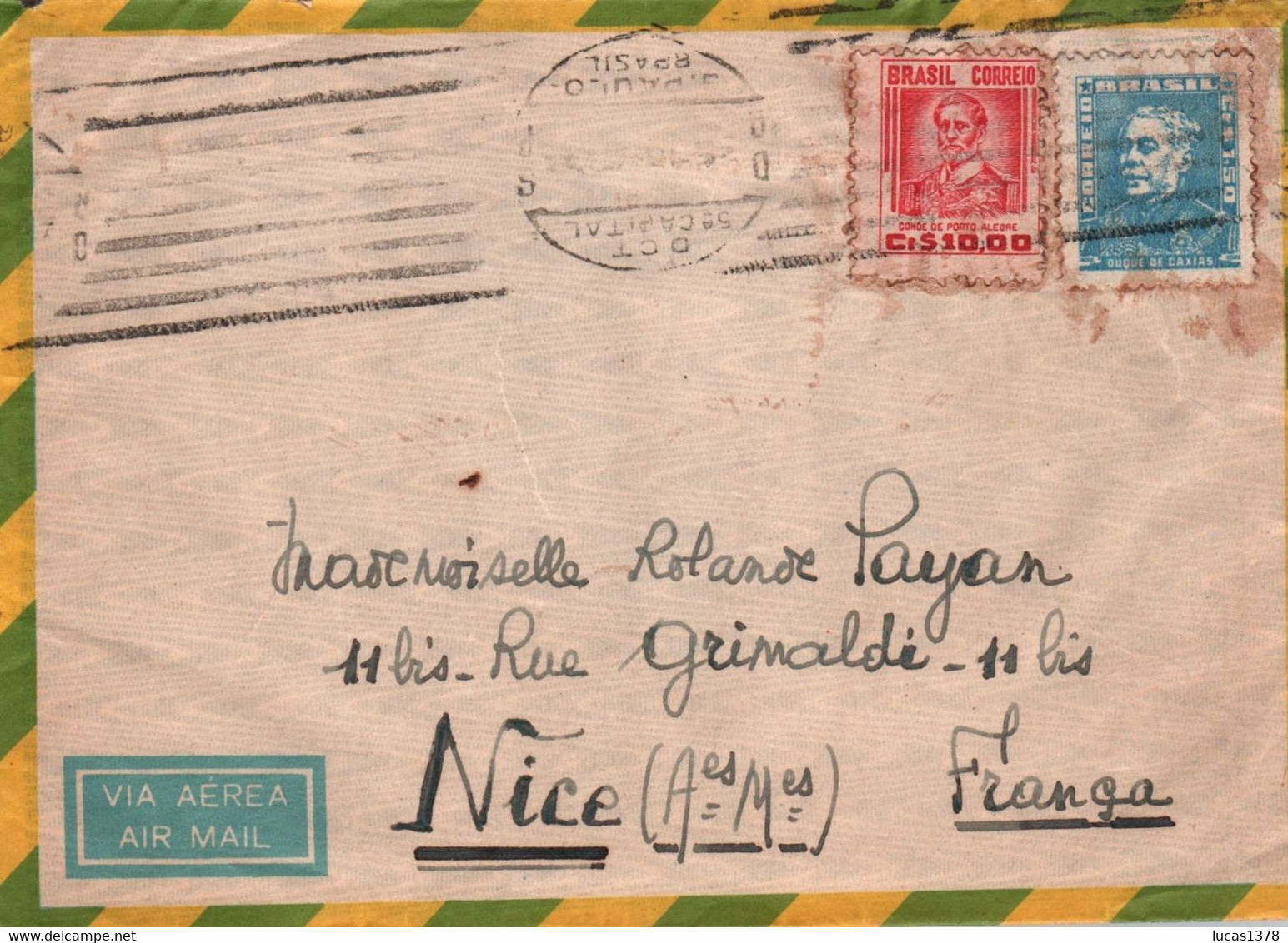 BRASIL / 1961 FOR NICE FRANCE  / VIA AEREA / AIR MAIL / PICTURE ON BACK / NICE STAMPS - Lettres & Documents