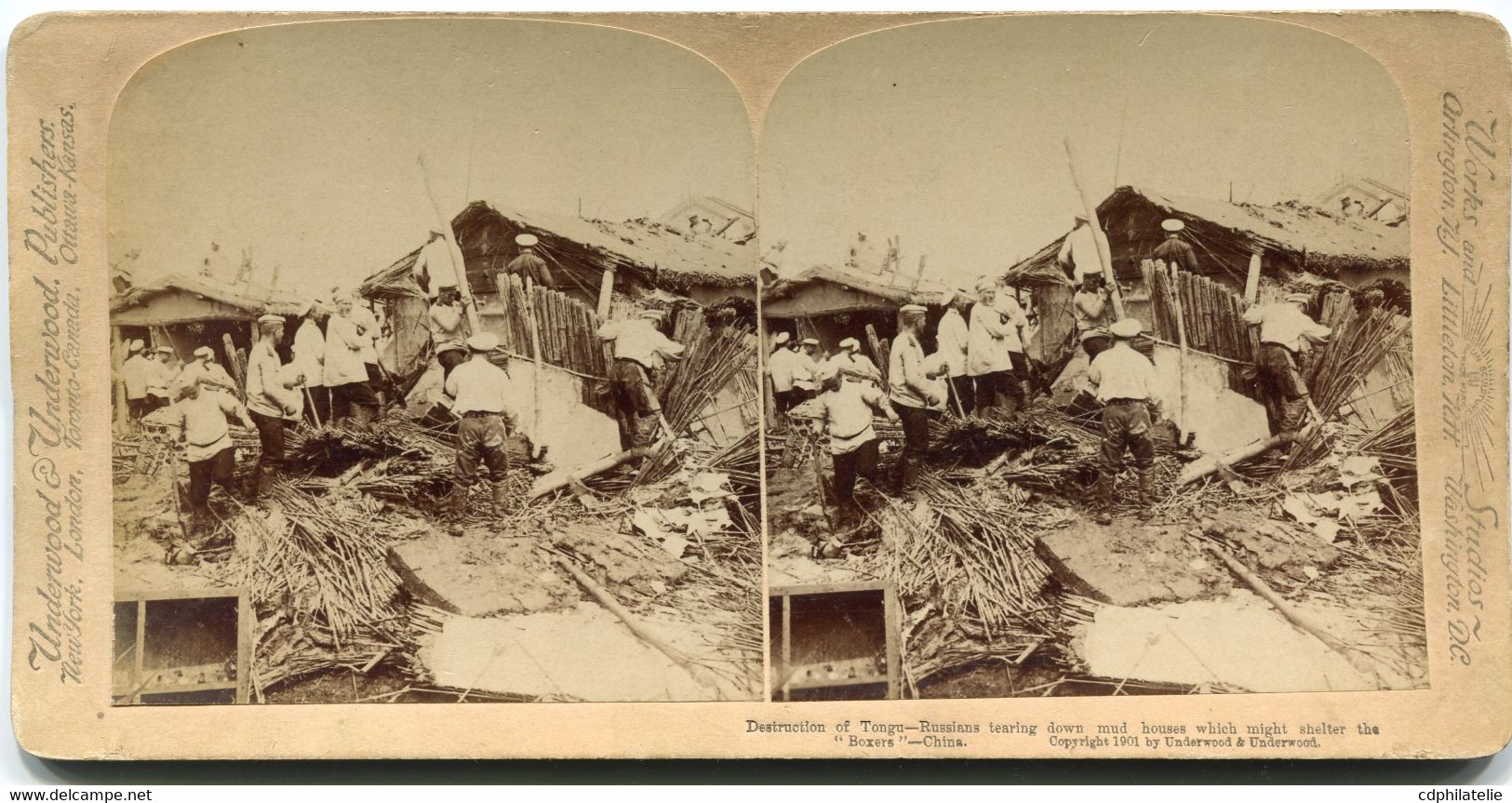 CARTE-PHOTO ? DESTRUCTION OF TRONGU - RUSSIANS TEARING DOWN MUD HOUSES WHICH MIGHT SHELTER  THE " BOXERS " - CHINA - Lettres & Documents