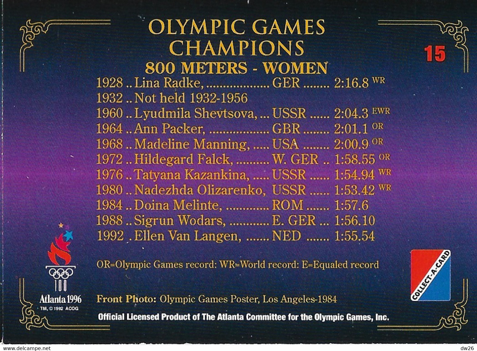 Centennial Olympic Games Atlanta 1996, Collect Card N° 15 - Poster Los Angeles 1984 - Palmarès Champions 800 M Women - Trading Cards