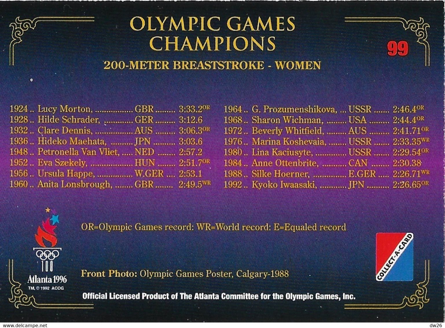 Centennial Olympic Games Atlanta 1996, Collect Card N° 99 - Poster Calgary 1988 - Palmarès 200 M Brasse Women Natation - Trading-Karten