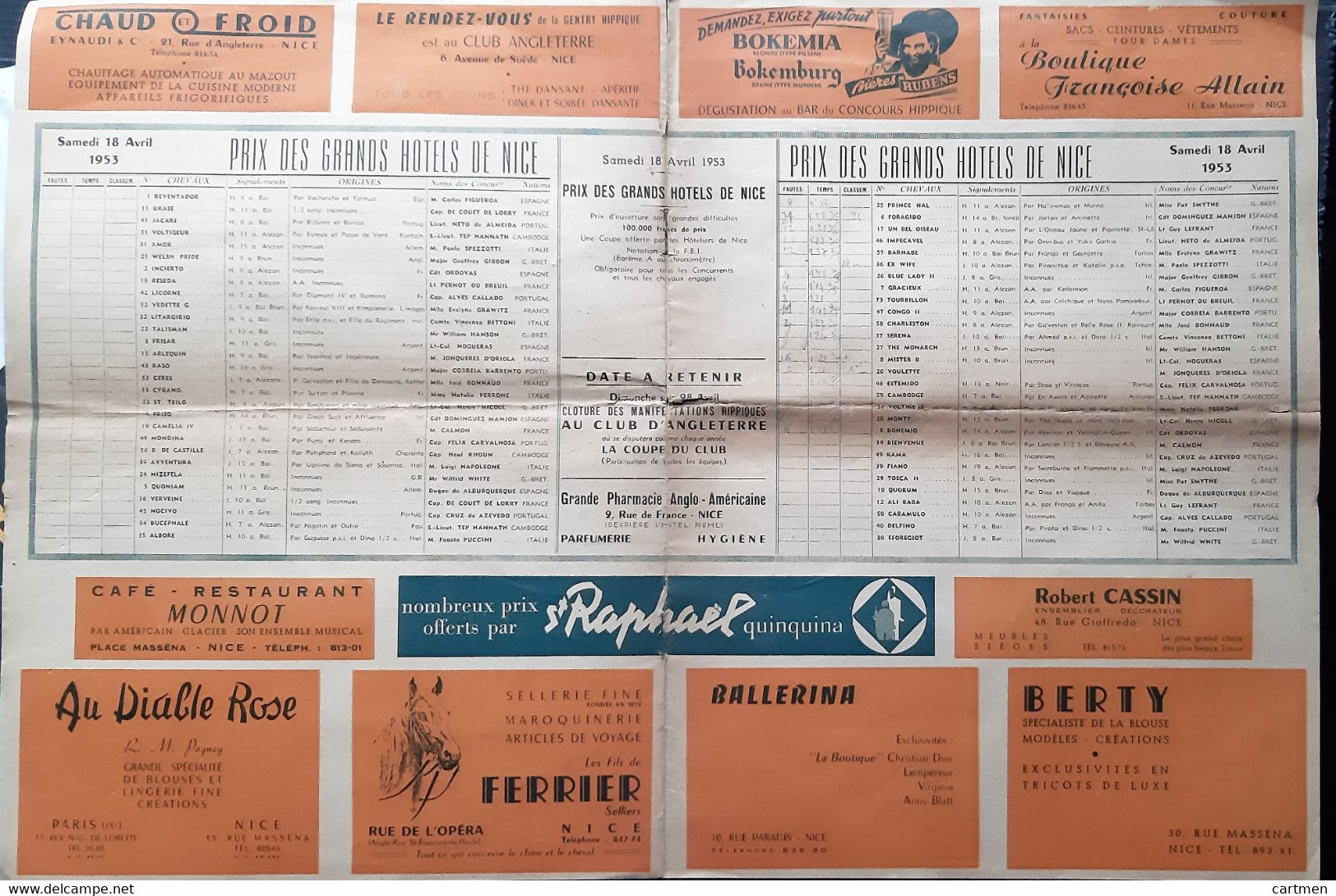 06 NICE HIPPISME CONCOURS INTERNATIONAL 1953 CHEVAUX COURSES PROGRAMME DETAILLE AVEC NOMBREUSES PUBLICITES COMMERCES - Mercadillos