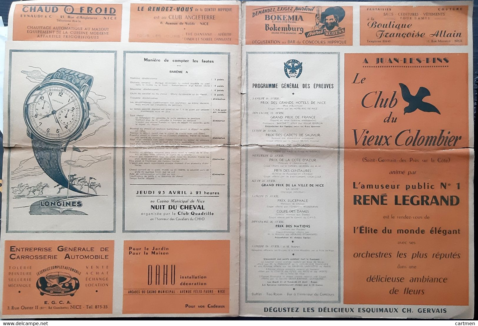 06 NICE HIPPISME CONCOURS INTERNATIONAL 1953 CHEVAUX COURSES PROGRAMME DETAILLE AVEC NOMBREUSES PUBLICITES COMMERCES - Mercadillos