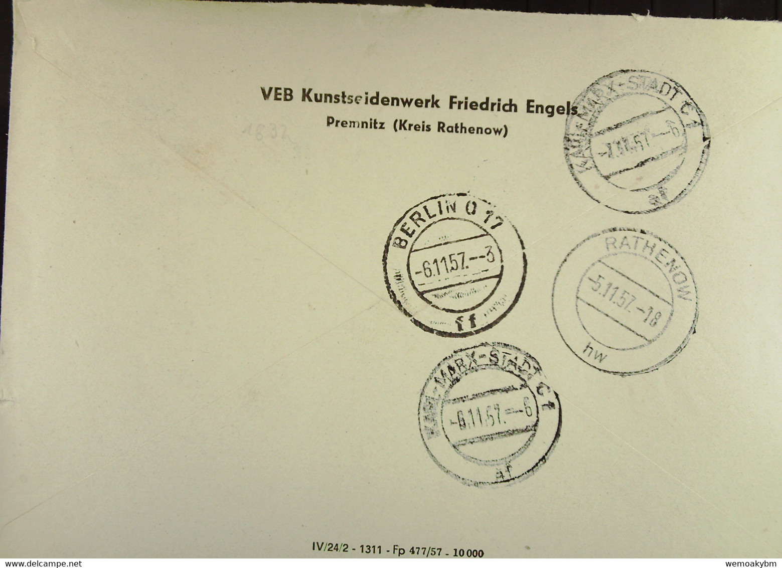 DDR-Dienst: Fern-Brief Mit 20 Pf ZKD-Streifen Aus Premnitz (Havel) V. 5.11.57 An Ministerium F Leichtind. Knr: 15 (4012) - Cartas & Documentos