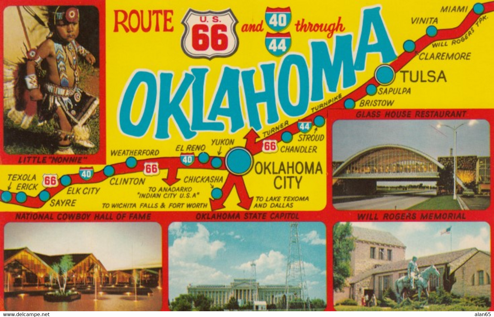 Route 66, Map Through Oklahoma State, Native American Indian Child, State Capitol, C1960s Vintage Postcard - Route '66'