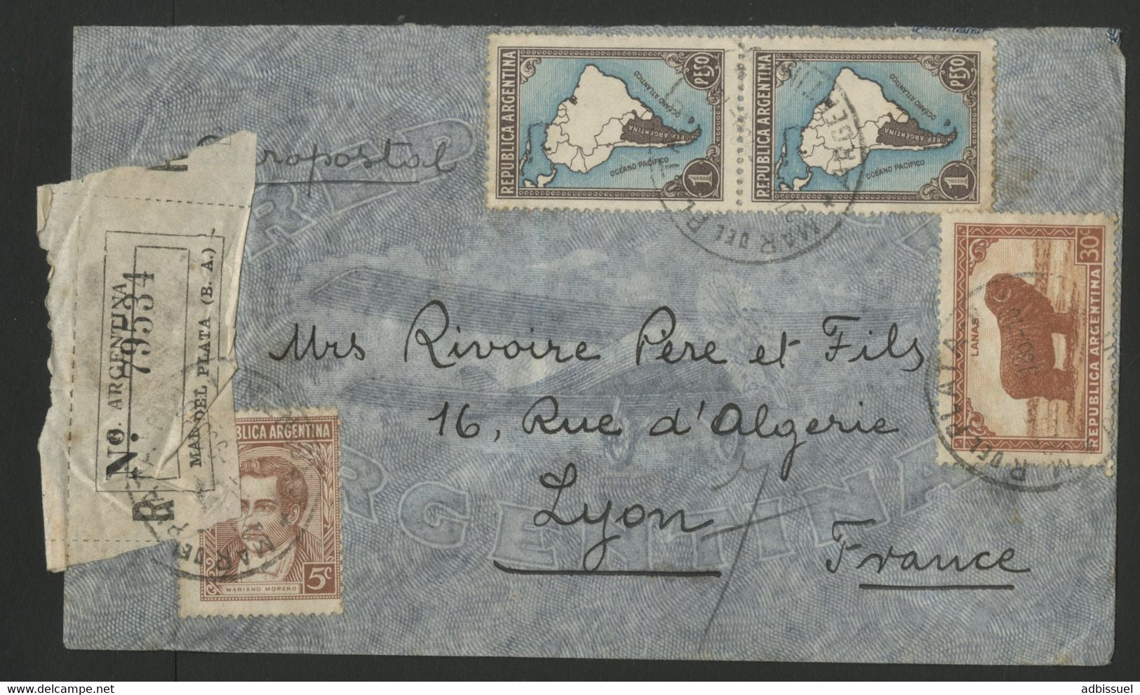 ARGENTINE Enveloppe Recommandée Par Avion En 1936 Pour Lyon Via AIR FRANCE (voir Description) - Covers & Documents