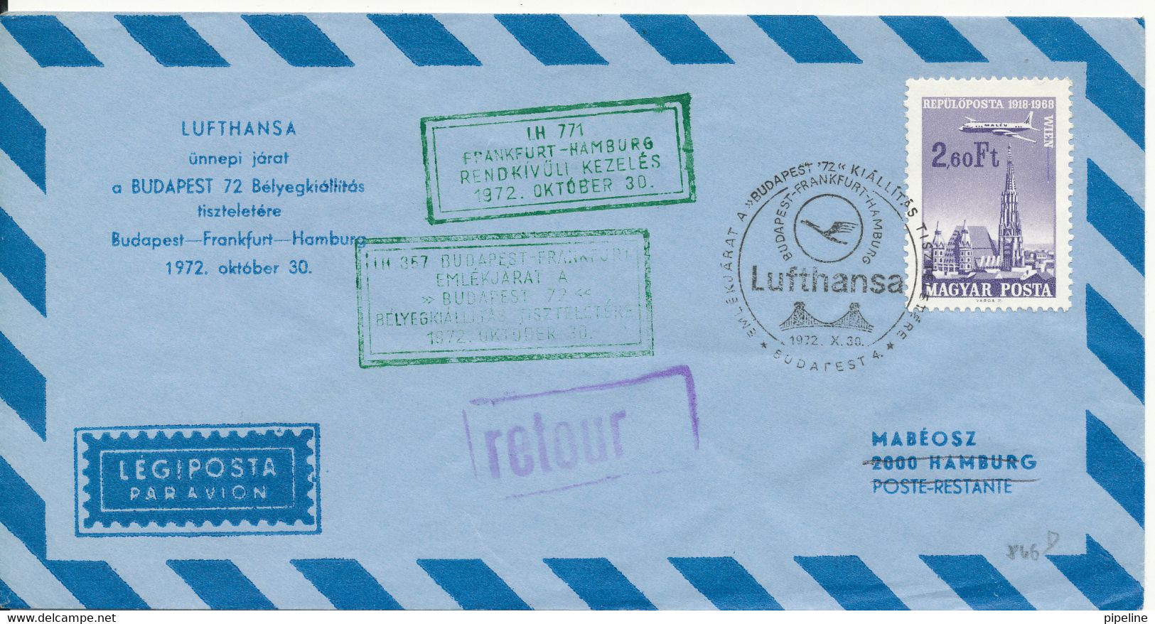 Hungary Air Mail Cover First Lufthansa Flight Budapest - Frankfurt - Hamburg 30-10-1972 - Covers & Documents