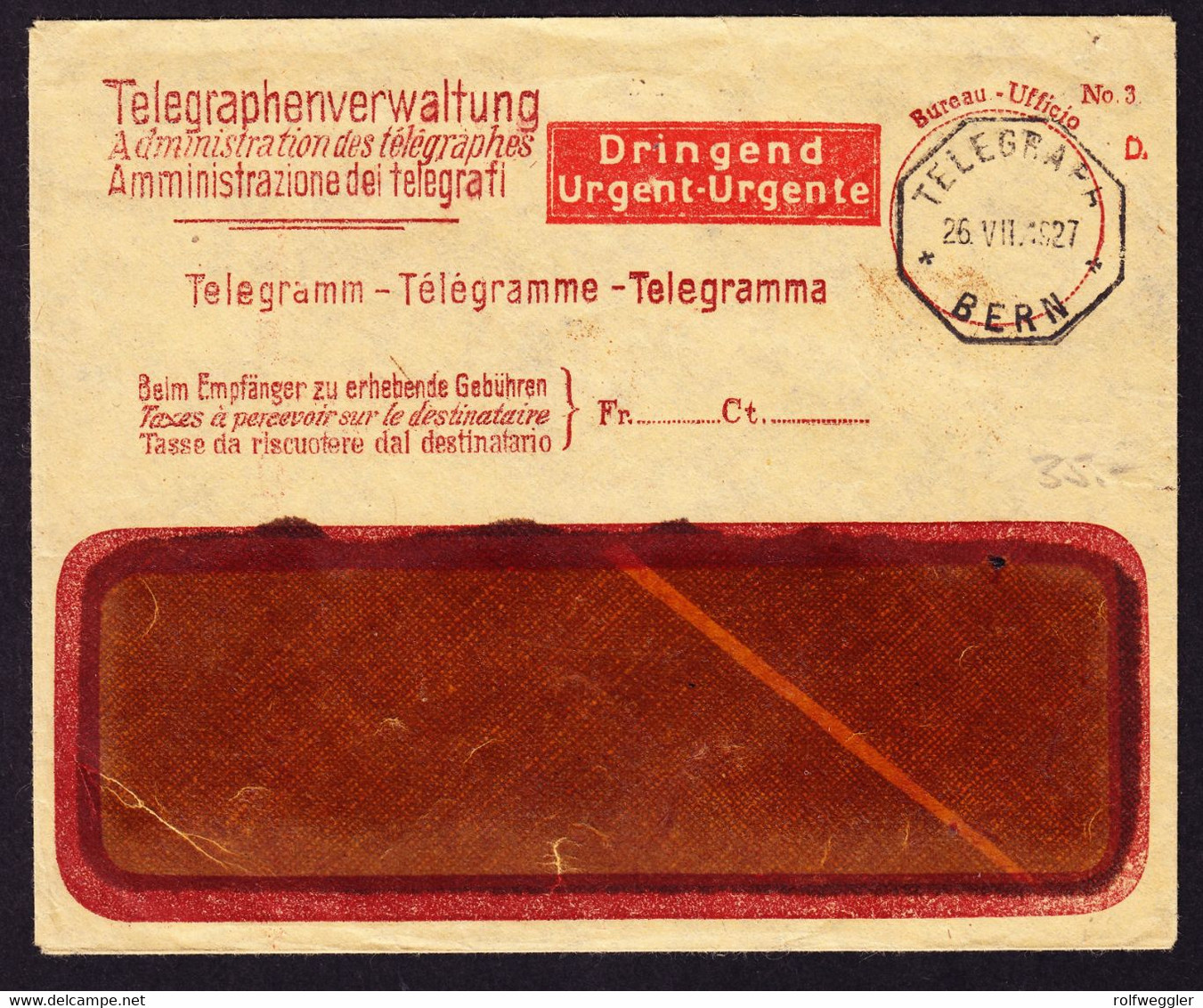 1927 Telegramm Couvert, Dringend Gestempelt Bern. Rechts Kleiner Einriss - Telegraph