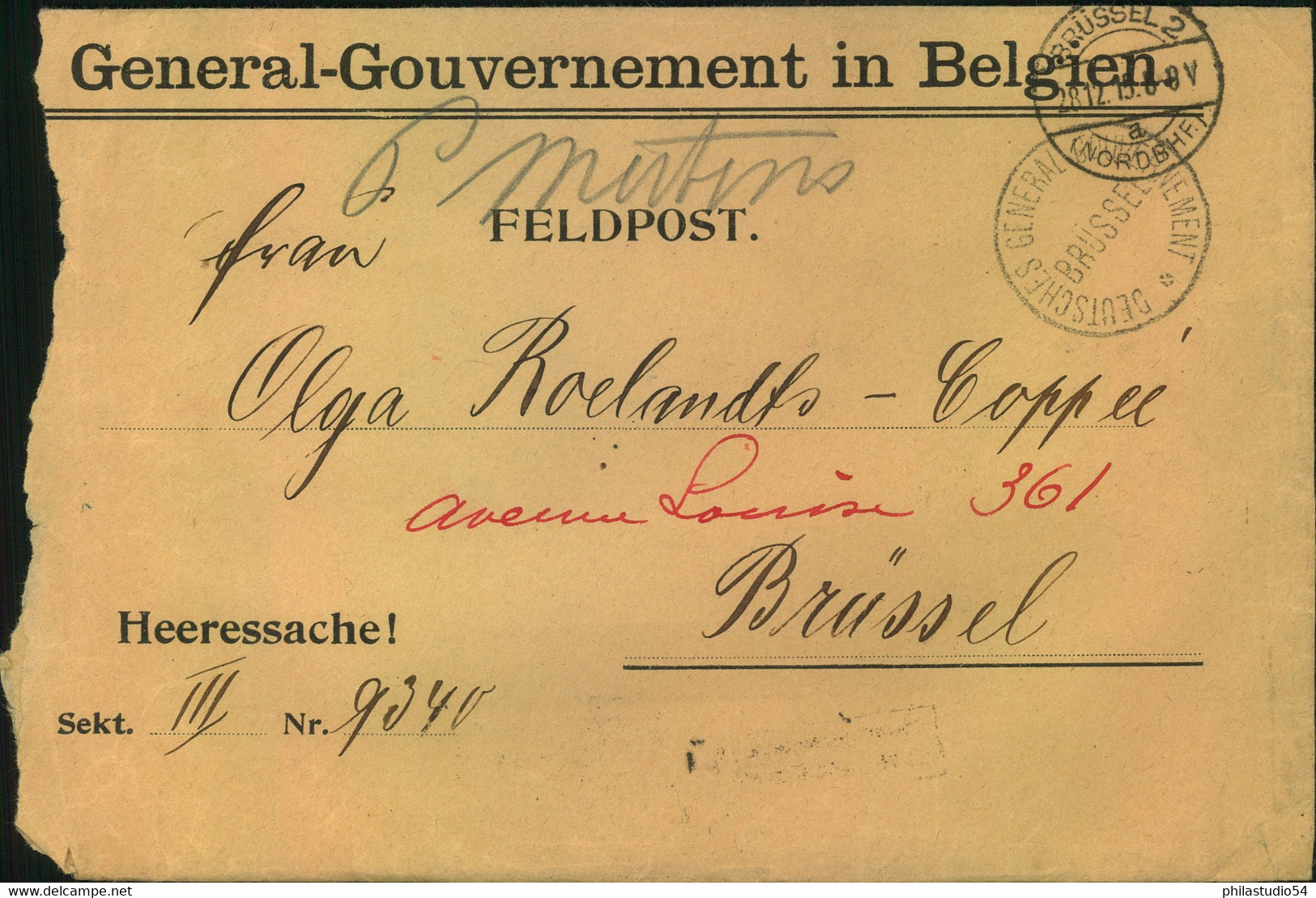 1915, Heeressache "General-Gouvernement In Belgien Als Feldpost Ab BRÜSSEL - Other & Unclassified