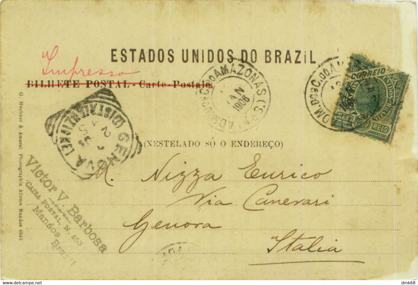 BRAZIL - MANAUS / MANAOS - IGARAPE DA CACHOEIRINHA - EDIT G. HUEBNER & AMARAL - MAILED 1906  (BG10473) - Manaus