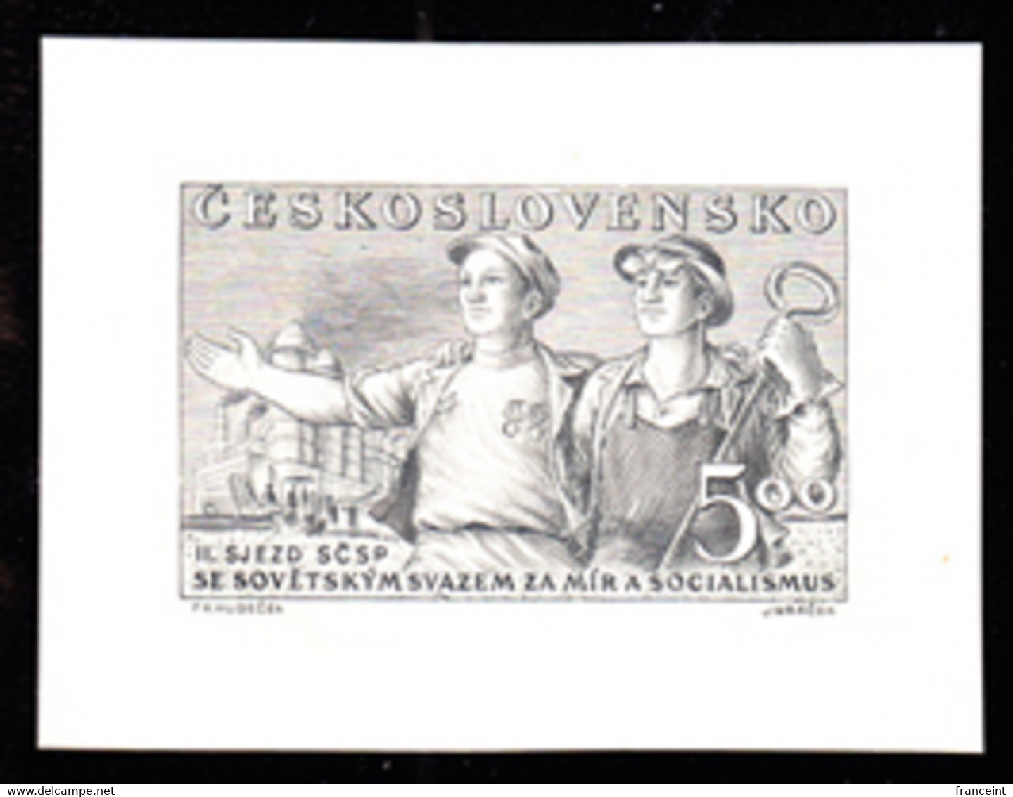 CZECHOSLOVAKIA (1950) Steel Workers. Die Proof In Black. Czech-Soviet Friendship. Scott No 437, Yvert No 555. - Ensayos & Reimpresiones