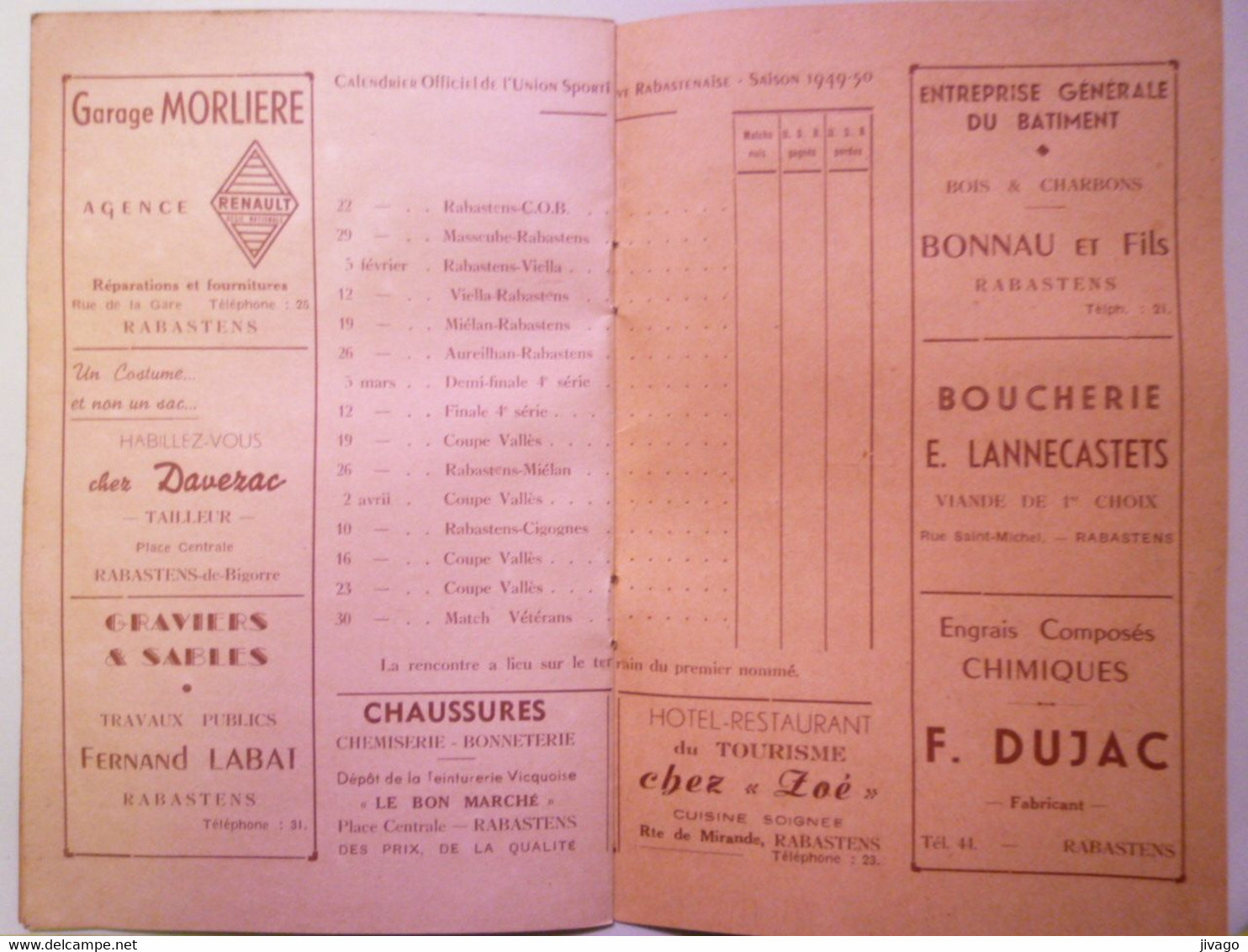 2020 - 8908  Calendrier De RUGBY De L'UNION SPORTIVE RABASTENAISE  Saison 1949 - 1950    XXX - Rugby