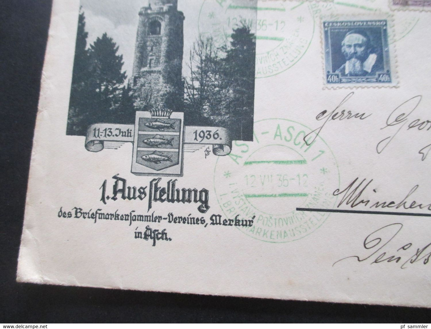 CSSR 1936 Sonderumschlag 1. Ausstellung Des Briefmarkensammler Vereins MerkuR In Asch (Sudetenland) Grüner Sonderstempel - Briefe U. Dokumente