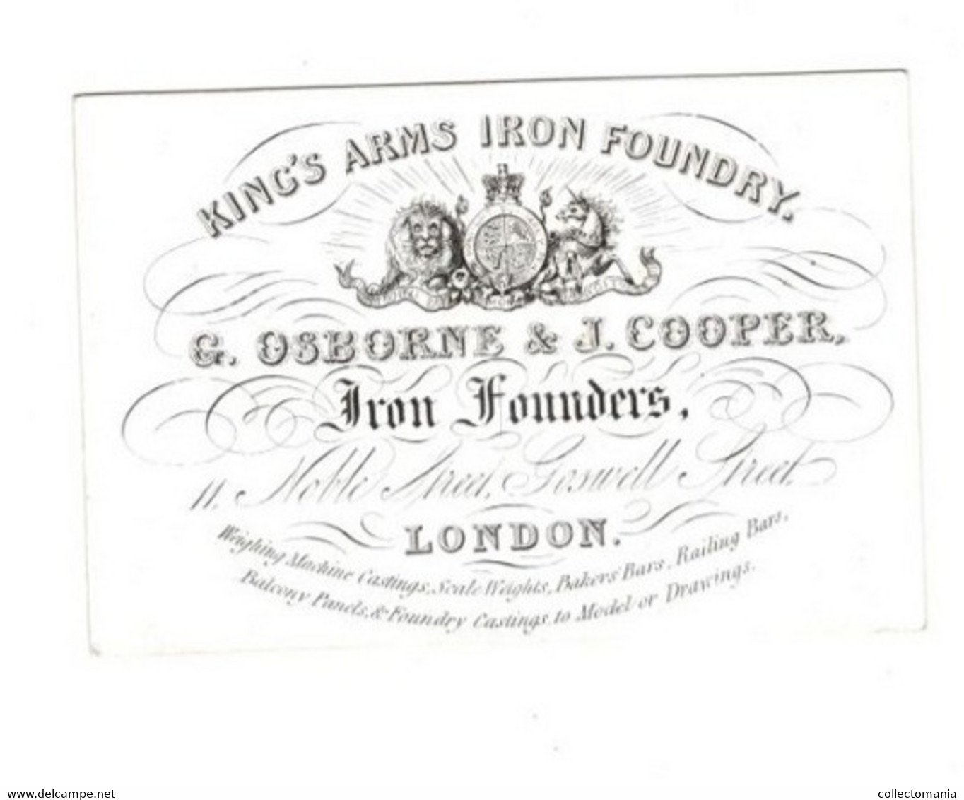 1 Visit Card King's Arms Iron Foundry G. Osborne & J.Cooper  Iron Founders Noble Street London  9 X 6 Cm - Porcelaine