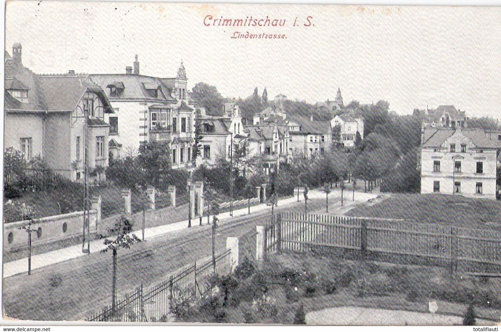 CRIMMITSCHAU Sachsen Lindenstrasse Vogelschau Bahnpost LEIPZIG - HOF ZUG 25 3.5.1917 Gelaufen - Crimmitschau