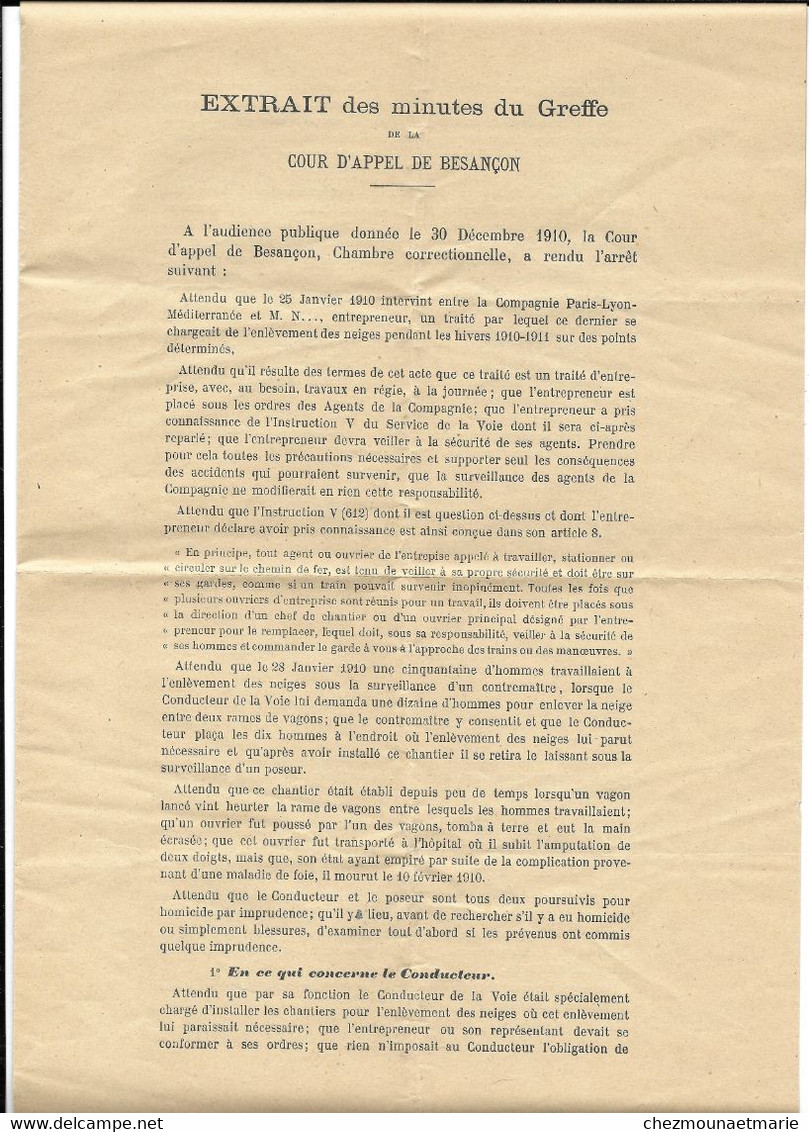 1911 PARIS - SERVICE DE LA VOIE - SECURITE DES OUVRIERS SUR LES CHANTIERS ET EXTRAIT MINUTES DU GREFFE - PLM - Railway