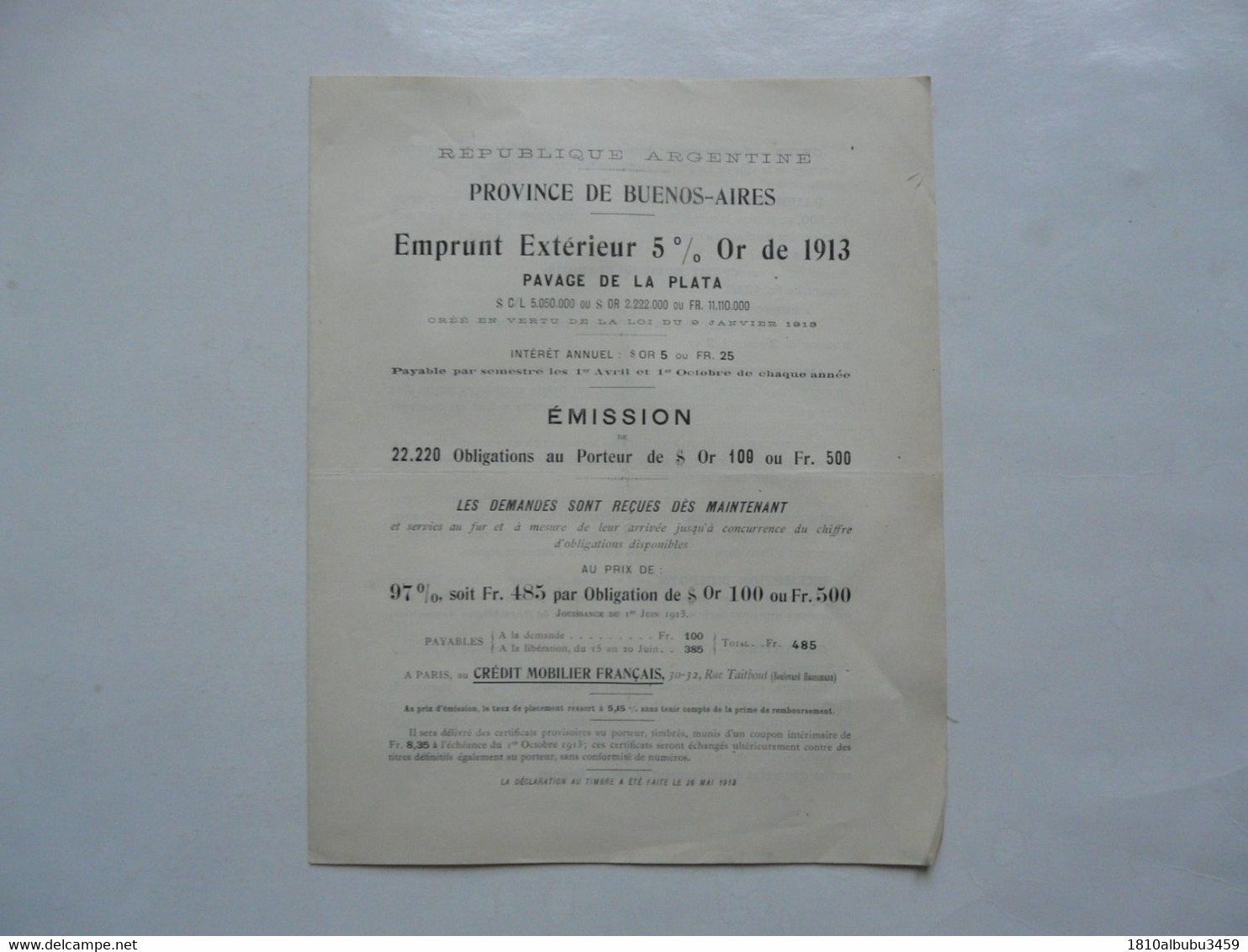 VIEUX PAPIERS - OBLIGATIONS : EMPRUNT EXTERIEUR 5% OR DE 1913 - Pavage De LA PLATA - ARGENTINE - Unclassified