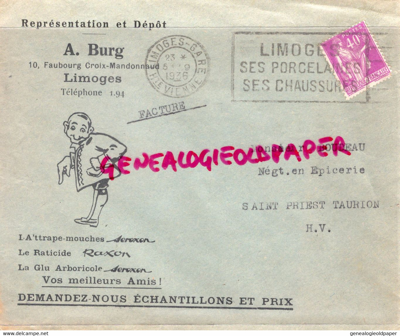 87- LIMOGES- ENVELOPPE A. BURG-10 RUE FG CROIX MANDONNAUD-RATICIDE RAXON-GLU-BOUDEAU SAINT PRIEST TAURION -1936 - Ambachten