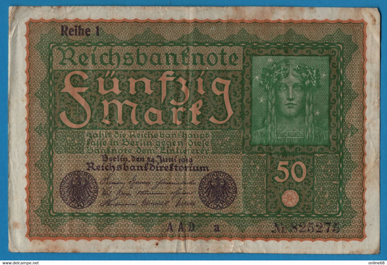 DEUTSCHES REICH 50 Mark  24.06.1919 Série AAD A # 825275 P# 66 Reihe 1 - 50 Mark