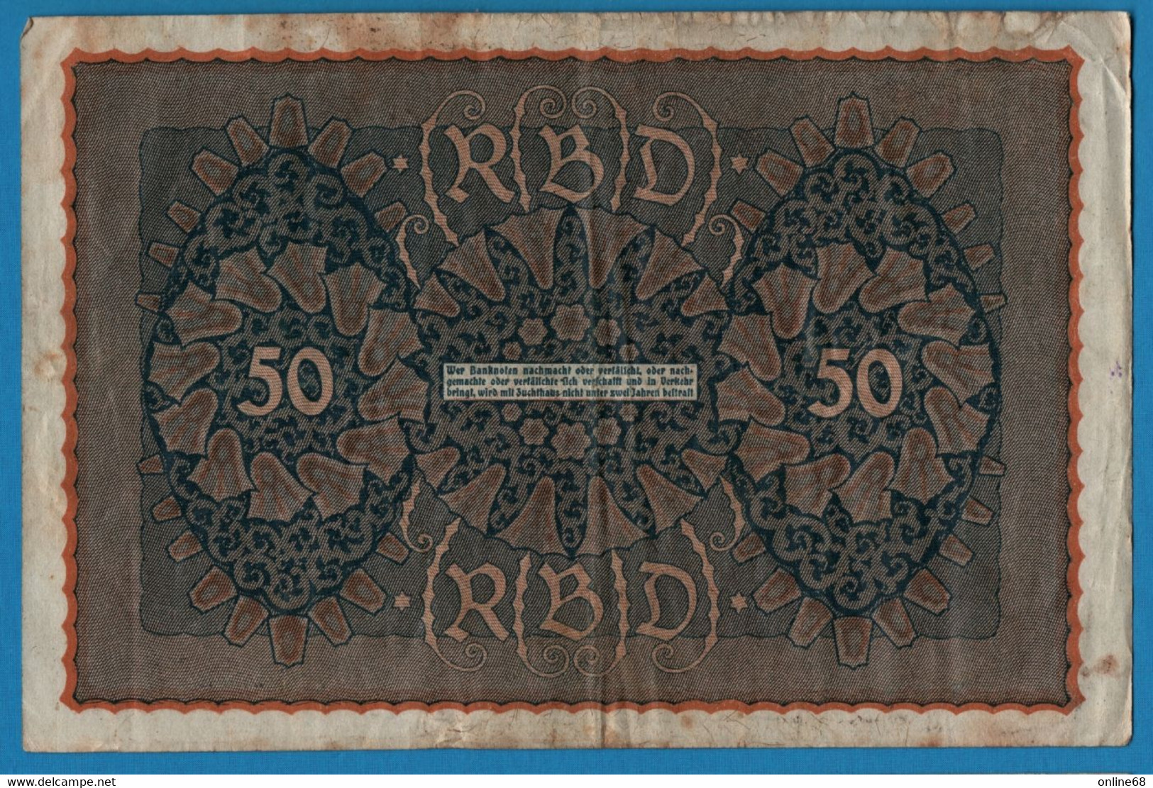 DEUTSCHES REICH 50 Mark  24.06.1919 Série AAD A # 825275 P# 66 Reihe 1 - 50 Mark