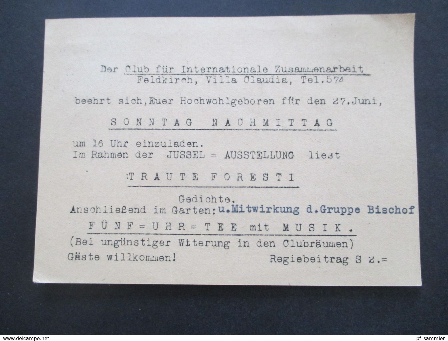 1948 PK Einladung Club F. Int. Zusammenarbeit Villa Claudia Im Rahmen Der Jussel Ausstellung Liest Traute Foresti - Lettres & Documents