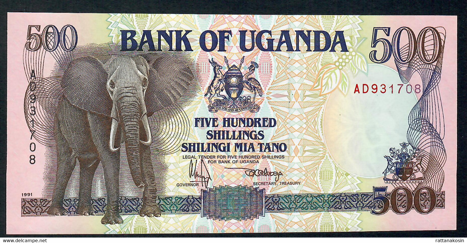 UGANDA  P33a 500 SHILLINGS 1991 #AD Signature 8 UNC. - Uganda