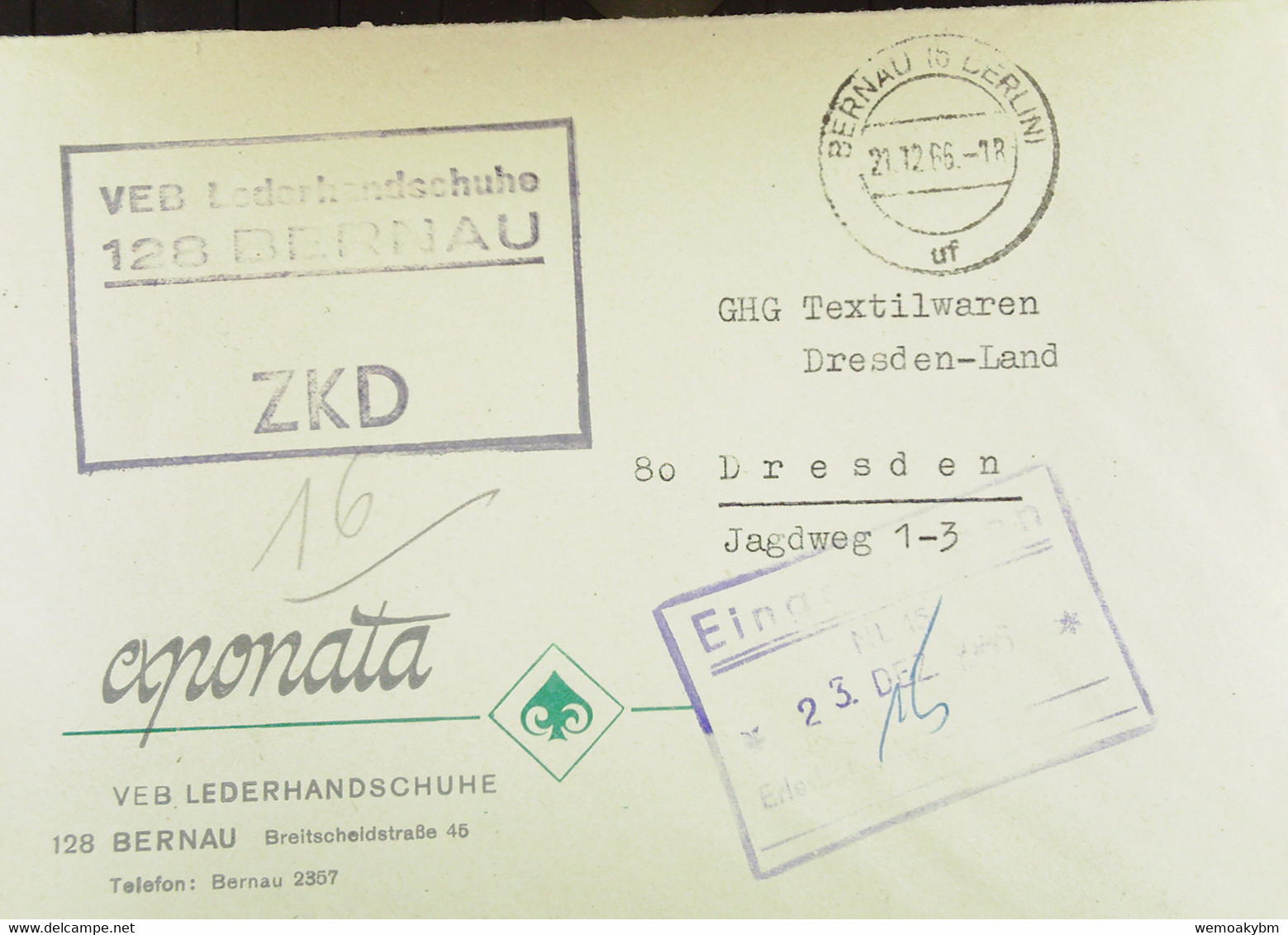 Fern-Brief Mit ZKD-Kastenst. "VEB Lederhandschuhe 128 BERNAU" Vom 21.12.66 Nach GHG Textilwaren Dresden-Land Mit EingSt - Cartas & Documentos