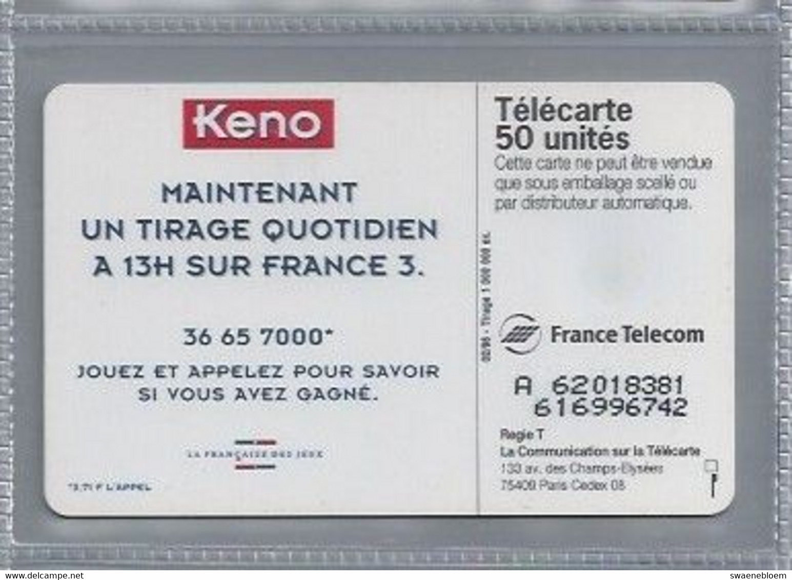 FR.- France Telecom. Télécarte. KENO. A L'EAU !.   50 Unités - Games