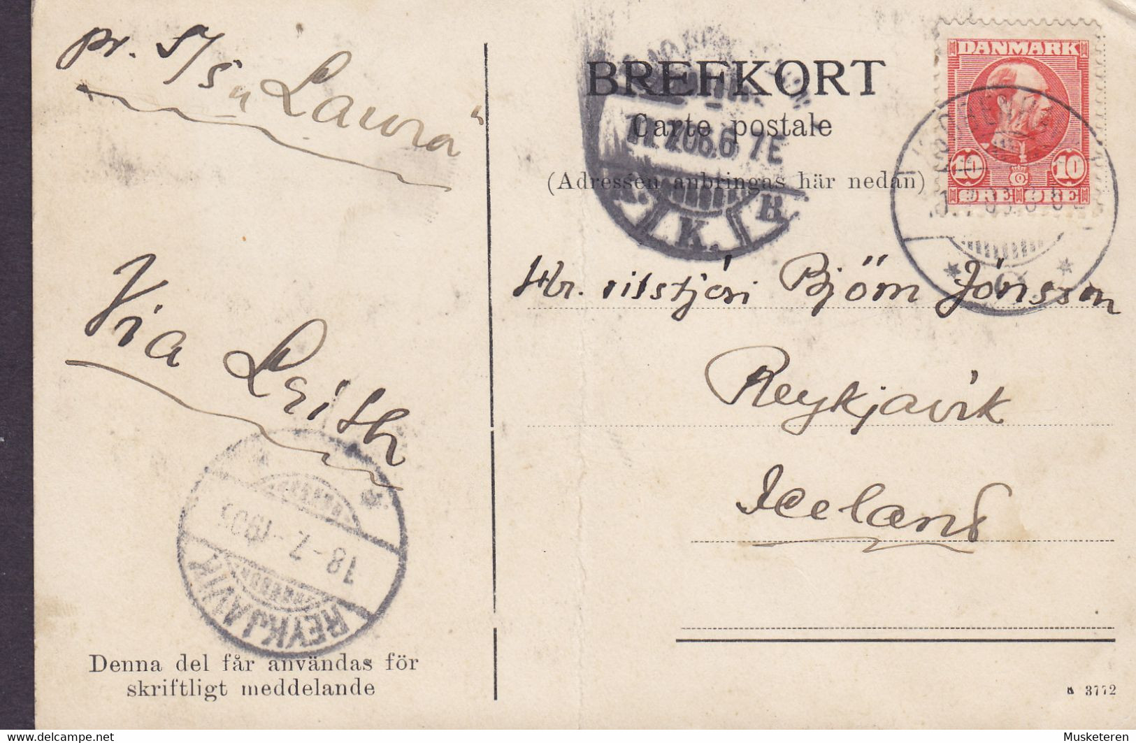 PPC Hälsning Från Kullen Sockertoppen Brotype Ia KJØBENHAVN Ø 1906 Pr. S/S 'Laura' To Björn Jönsson REYKJAVIK Iceland - Lettres & Documents