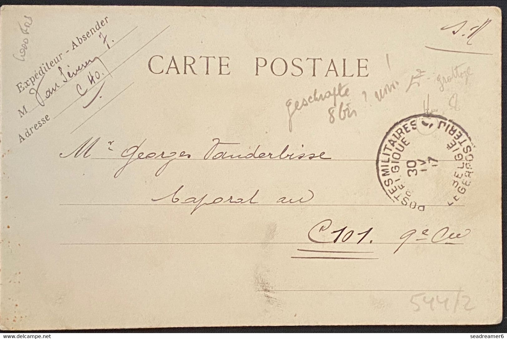 Belgique Carte Pour Le Caporal Vanderbisse En SM POSTES MILITAIRES BELGIQUE 8bis Gratté !! Du 30 Avril 1917 RRR - Armée Belge