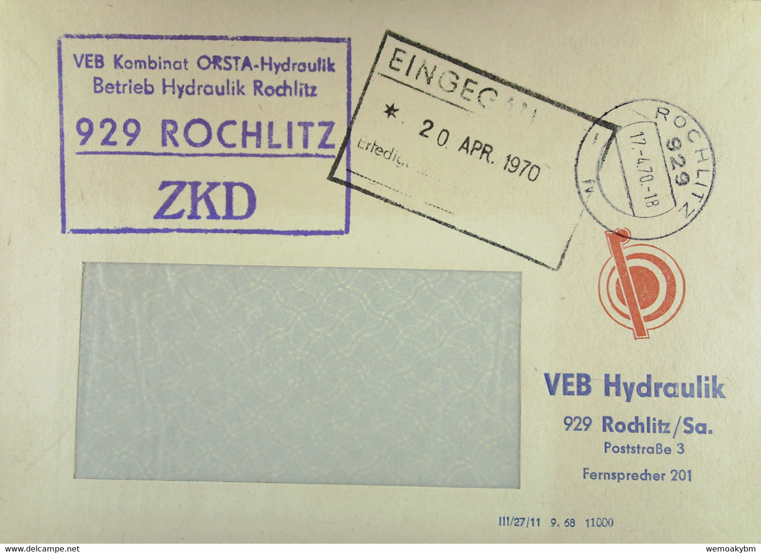 Fern-Brief Mit ZKD-Kastenstempel "VEB Kombinat OSTRA-Hydraulik Betrieb Hydraulik 929 ROCHLITZ" Vom 17.4.70 Nach Dresden - Covers & Documents