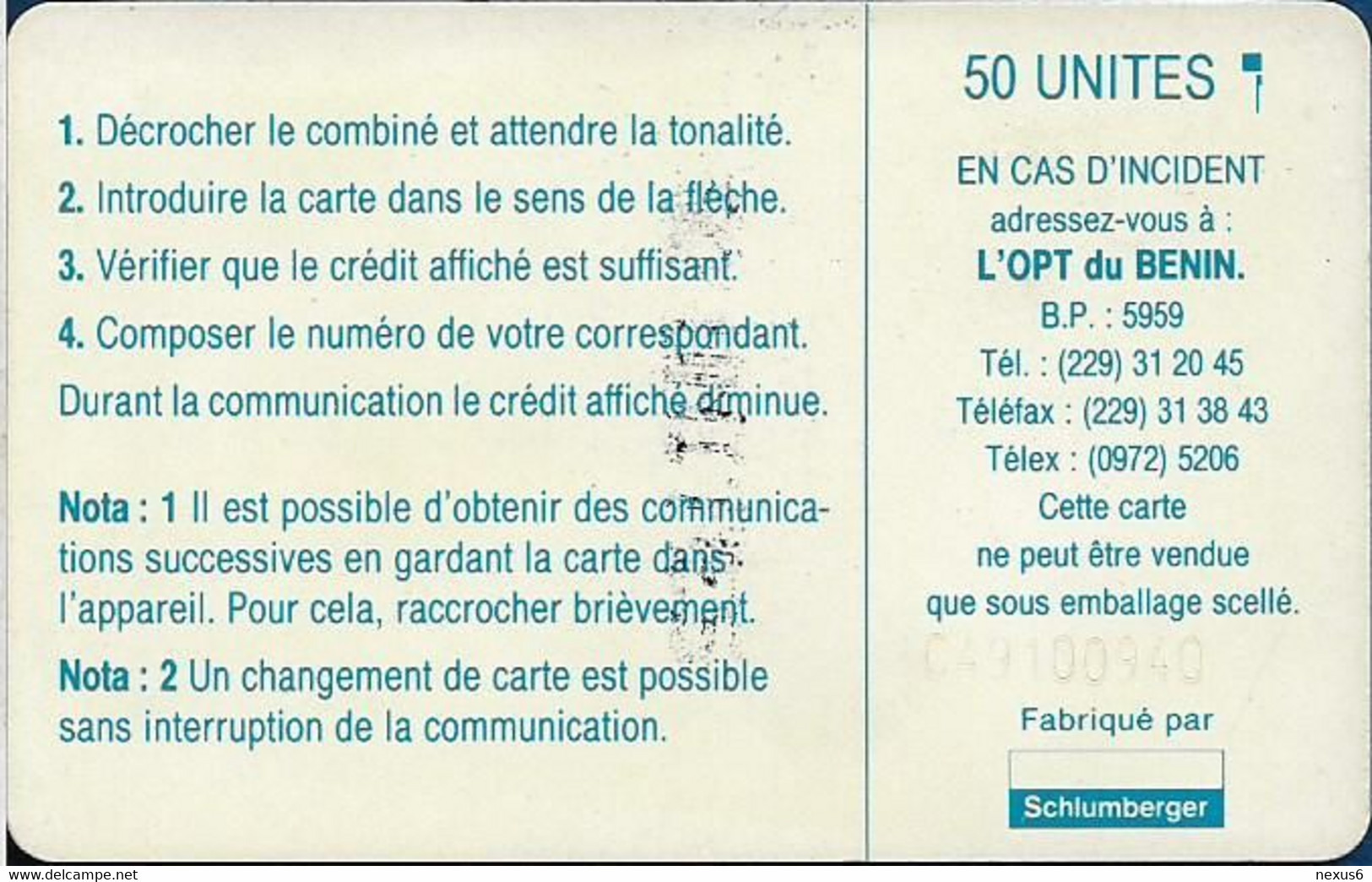 Benin - PTT (Chip) - Logo 50, Chip SC5 Afnor, Cn. C49100940 White, 50Units, Used - Benin