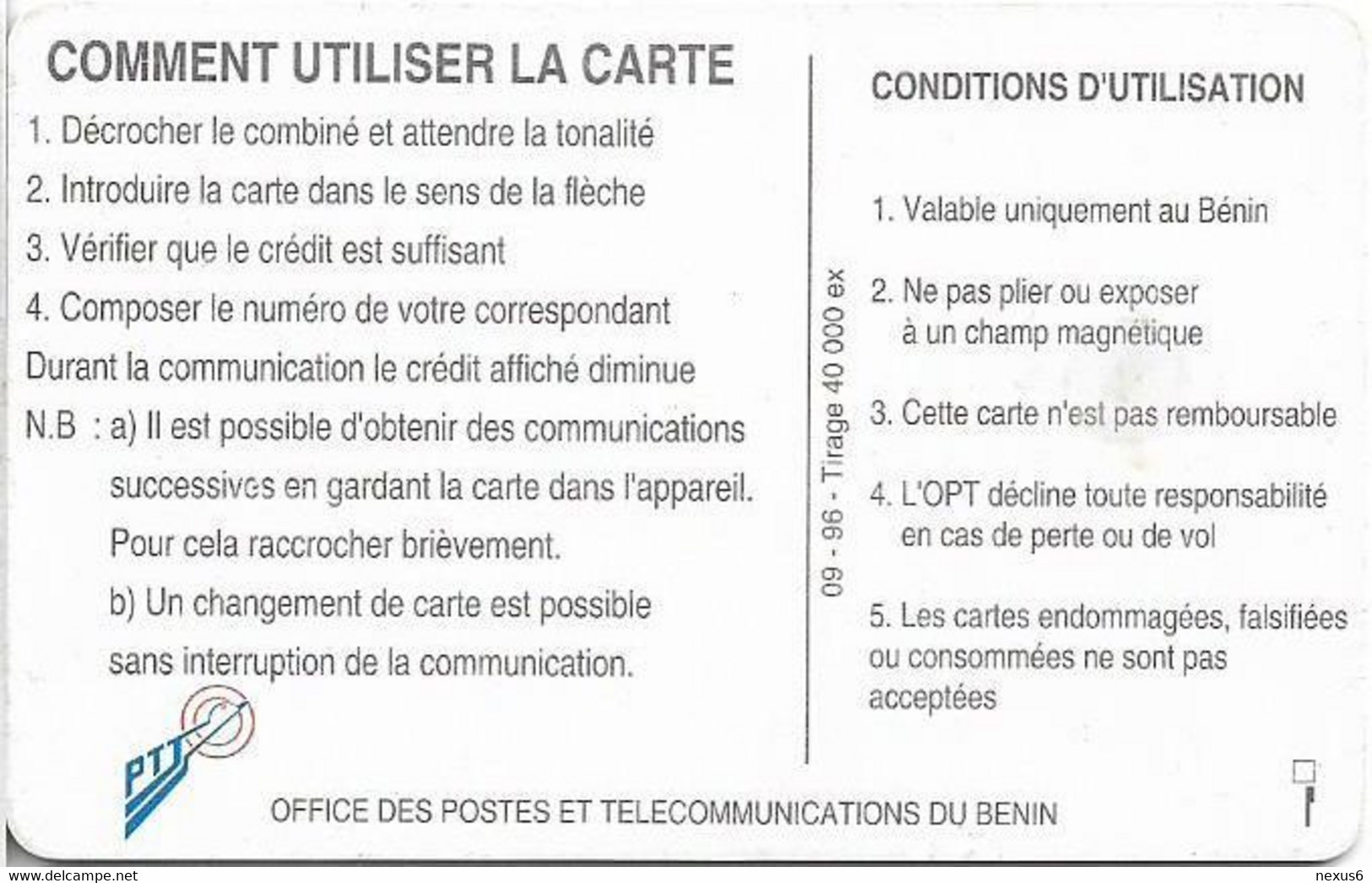 Benin - PTT (Chip) - Telephone Tariffs 2, Gem1A Symmetric Black, Exp.09.1996, 50Units, 40.000ex, Used - Benin