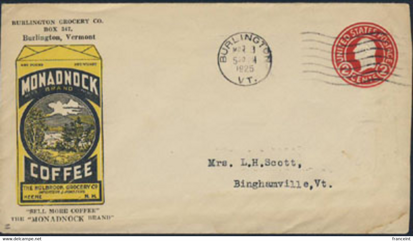 U.S.A. (1925) Bag Of Coffee. Bicolor Postal Stationery (used) With Advertisement For Monadnock Coffee, - 1921-40