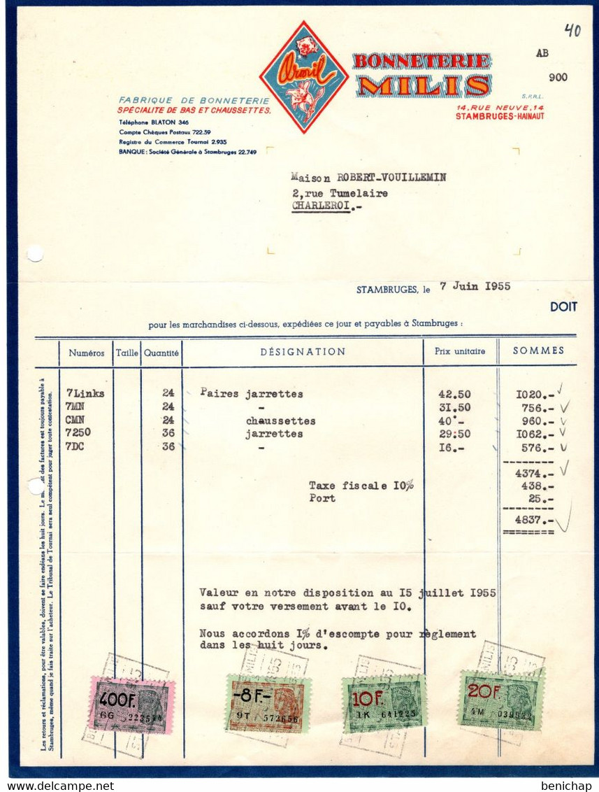 Fabrique De Bonneterie MILIS - Specialité De Bas Et Chaussettes - Stambruges 1955. - Vestiario & Tessile