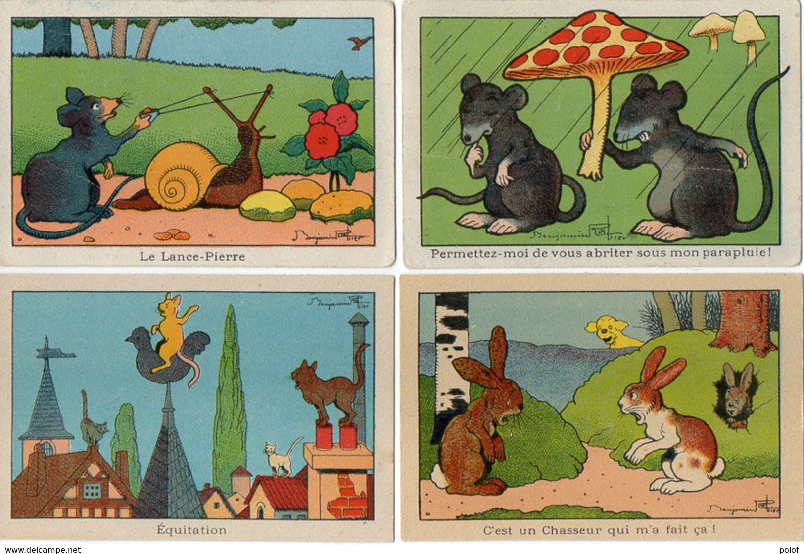 Benjamin RABIER -  4 Cartons Illustrés - Chiens, Chats, Lapin, Souris, Champignon, Escargot, Lance Pierre,      (120285) - Rabier, B.