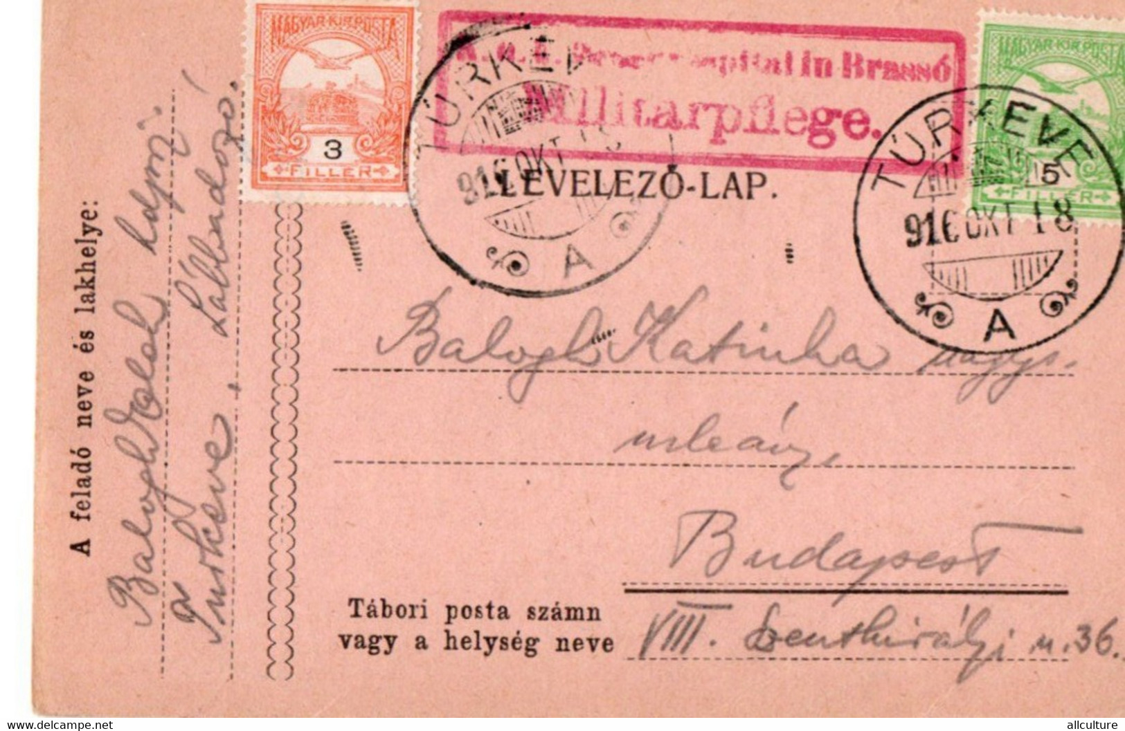 A97 - TABORI POSTA LEVELEZO LAP TURKEVE STAMP MATTERMARK TO BUDAPEST 1916 - 1. Weltkrieg