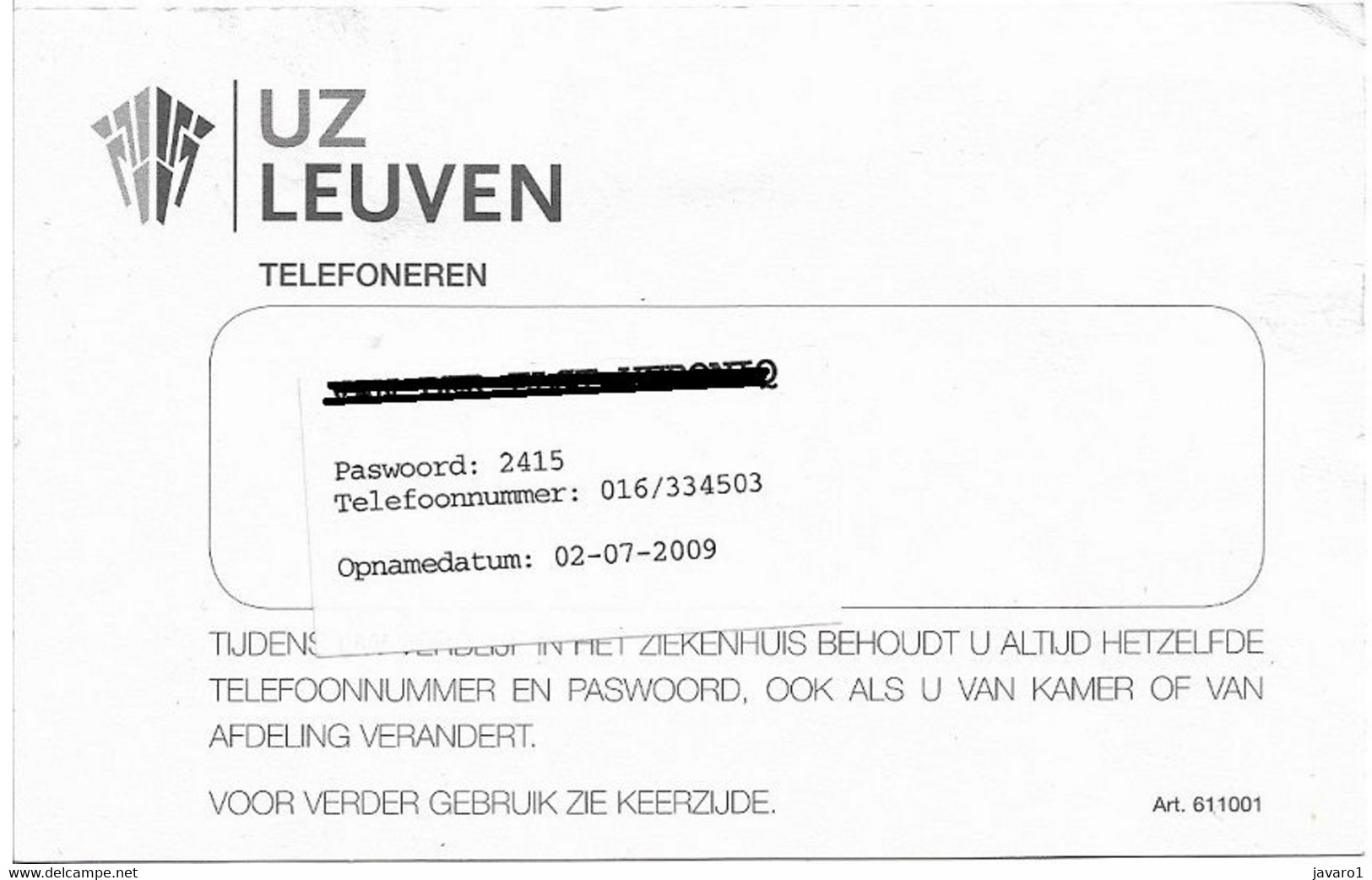 BELGIUM :  UZ Leuven Hospital Phone Card (1) - A Identificar