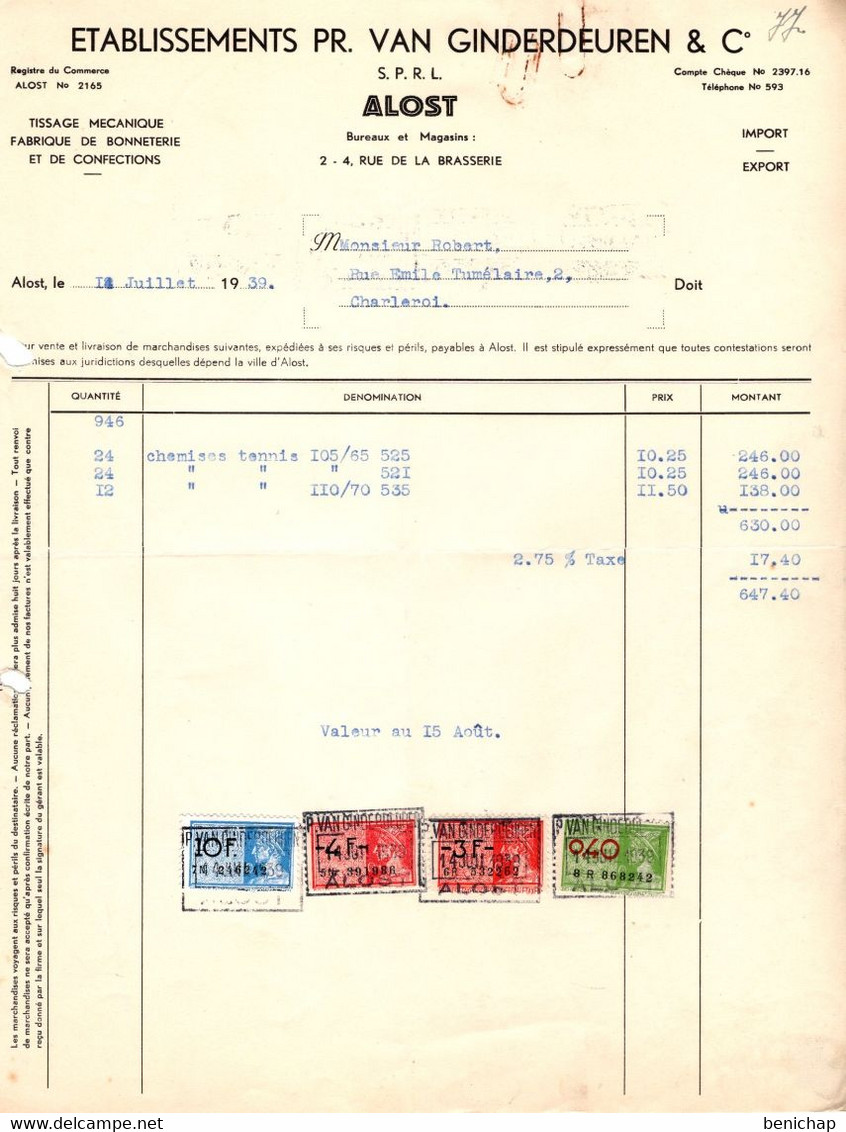 Etablissements Pr. Van Ginderdeuren & Cie - Tissage Mécanique - Confections - Bonneterie - Alost 1939. - Vestiario & Tessile