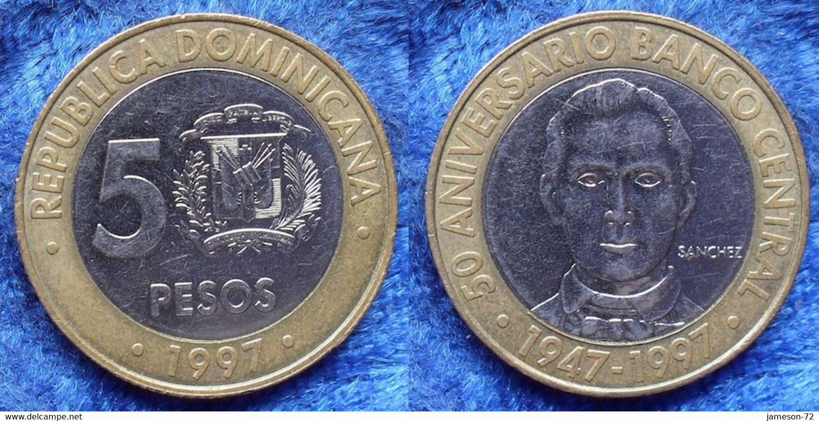 DOMINICAN REPUBLIC - 5 Pesos 1997 "50 Anniv. Central Bank" KM# 88 Bi-metallic . - Dominikanische Rep.