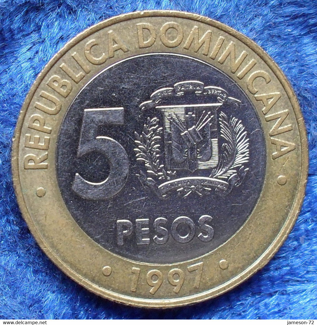 DOMINICAN REPUBLIC - 5 Pesos 1997 "50 Anniv. Central Bank" KM# 88 Bi-metallic . - Dominikanische Rep.