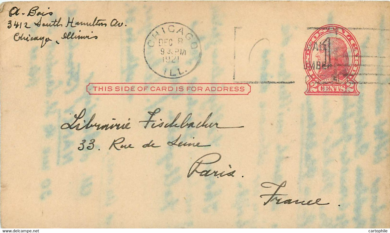 Entier Postal De 1921 From Chicago To Paris - 1921-40