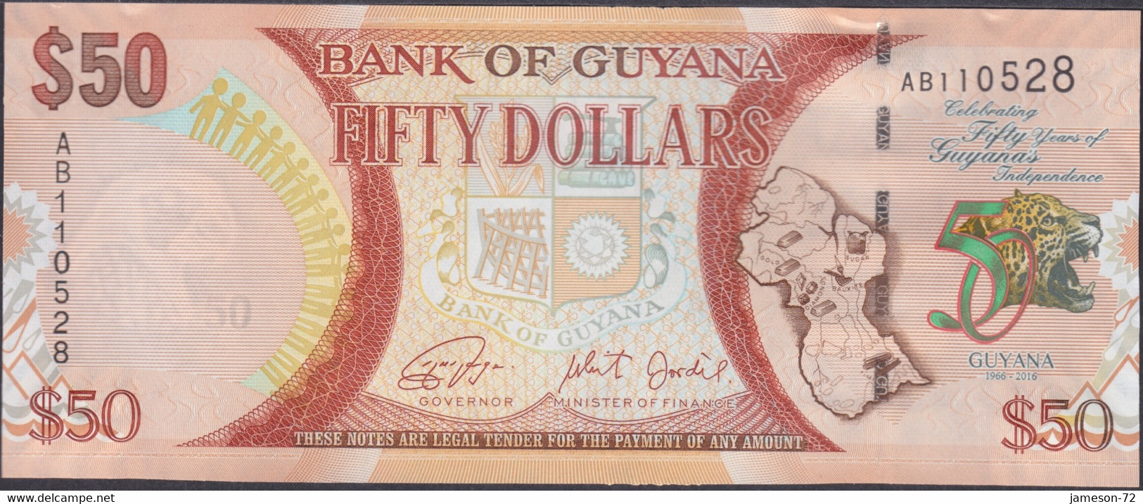 GUYANA - 50 Dollars 2016 P# 41 America Banknote - Edelweiss Coins - Guyana