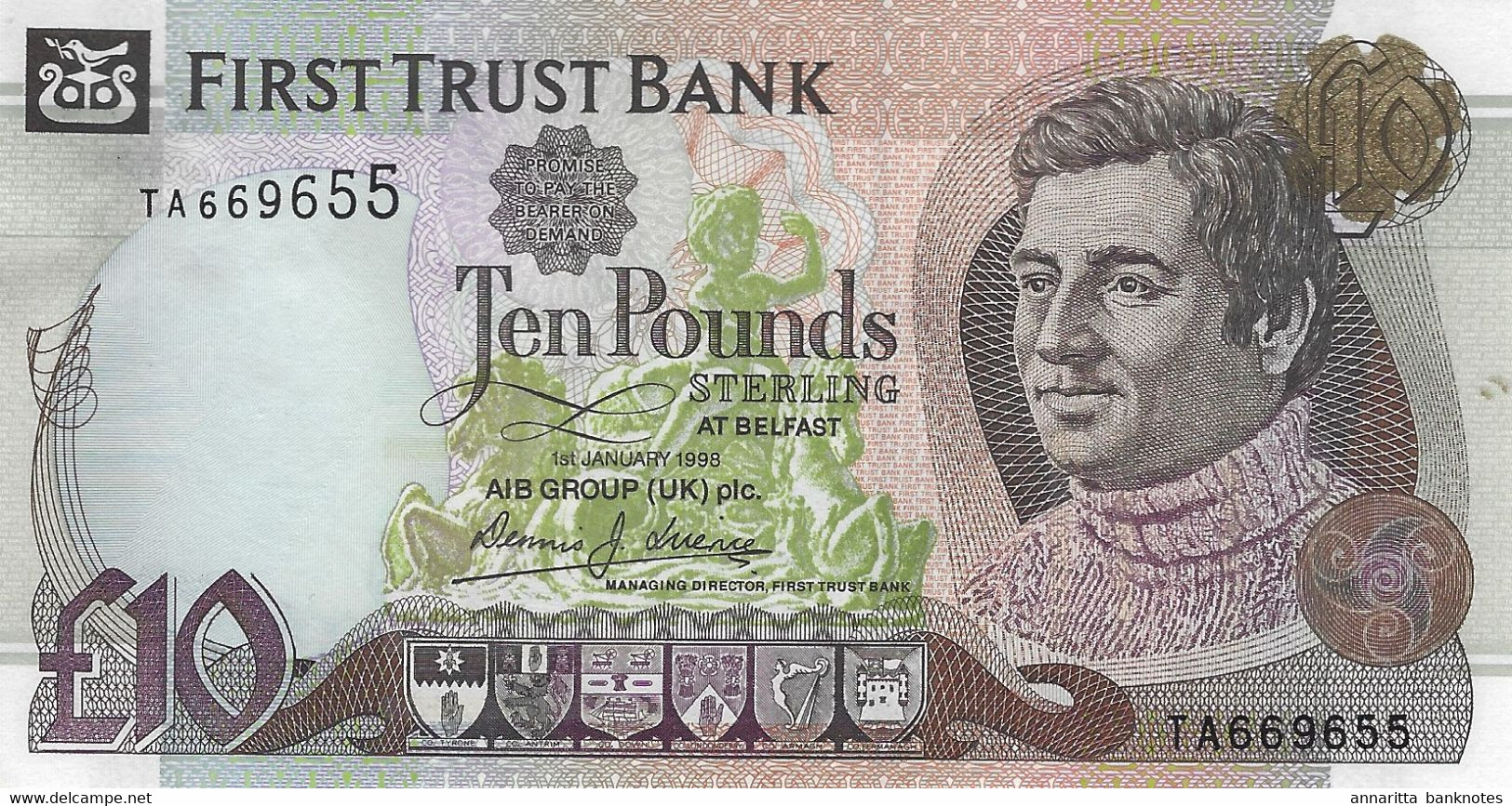 Northern Ireland (FTB) 10 Pounds 1998 First Trust Bank AU/UNC Cat No. P-136a / IEN805a - 10 Ponden