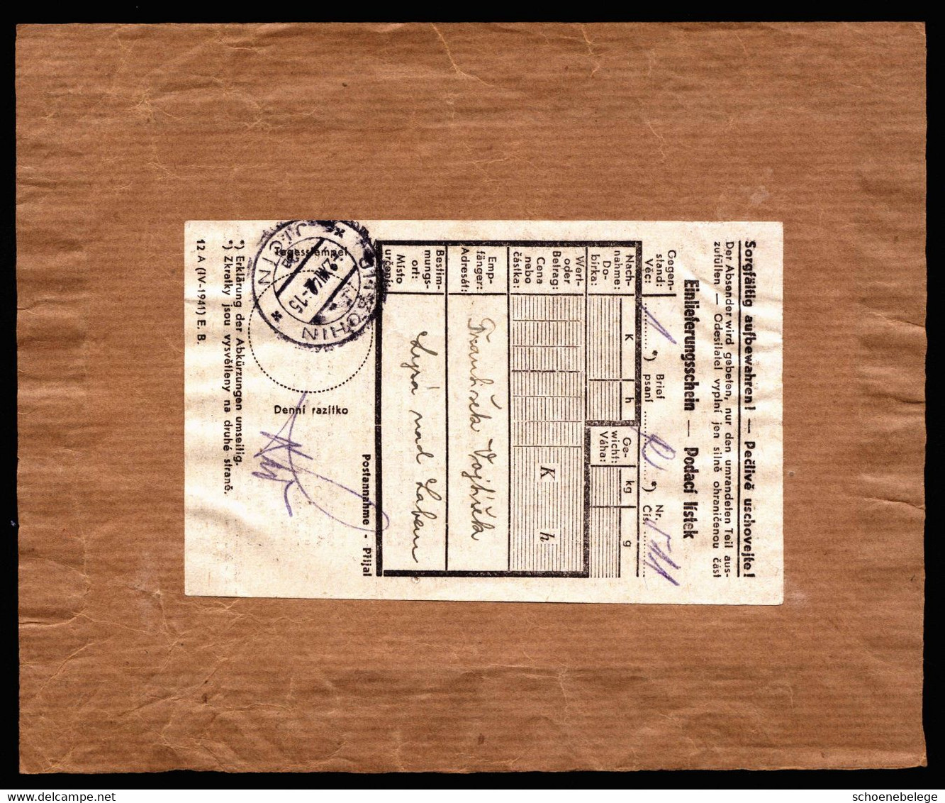 A6895) Böhmen & Mähren Adressträger Eines Schweren R-Briefes Jitschin 02.12.42 M. Einlieferungsschein - Covers & Documents