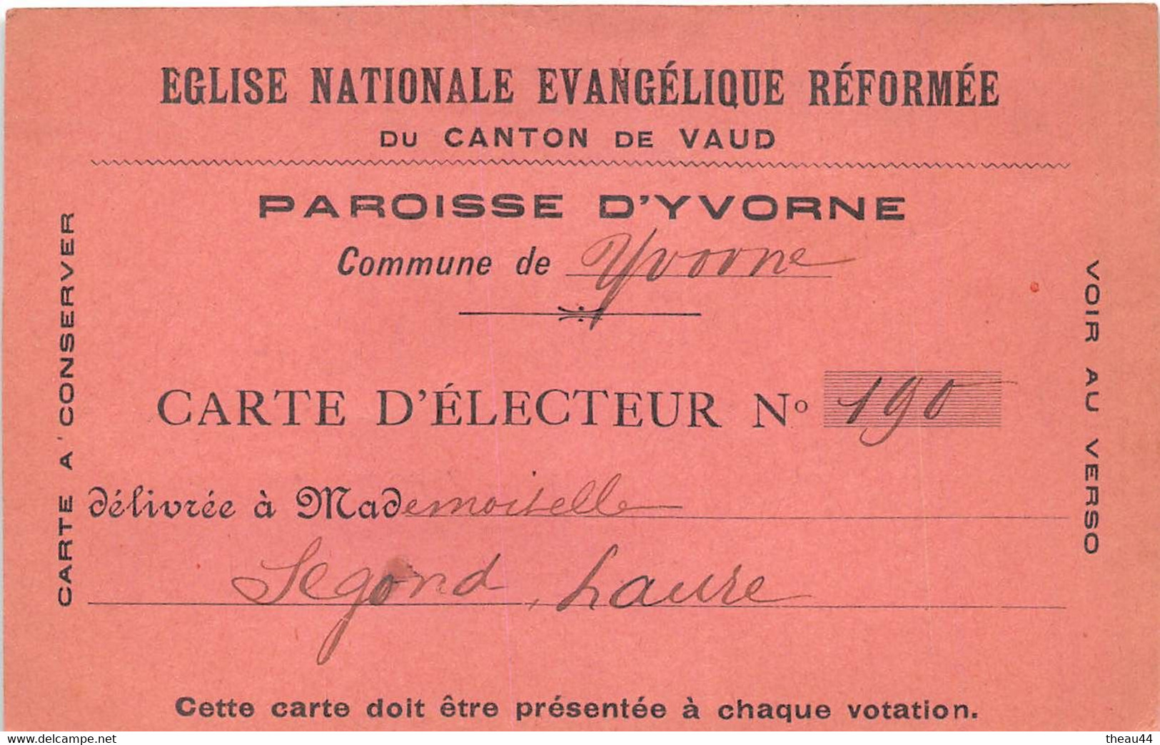 SUISSE  -  YVORNE  -  Carte D'Electeur De L'Eglise Evangélique Réformée   -  Voir Description - Yvorne